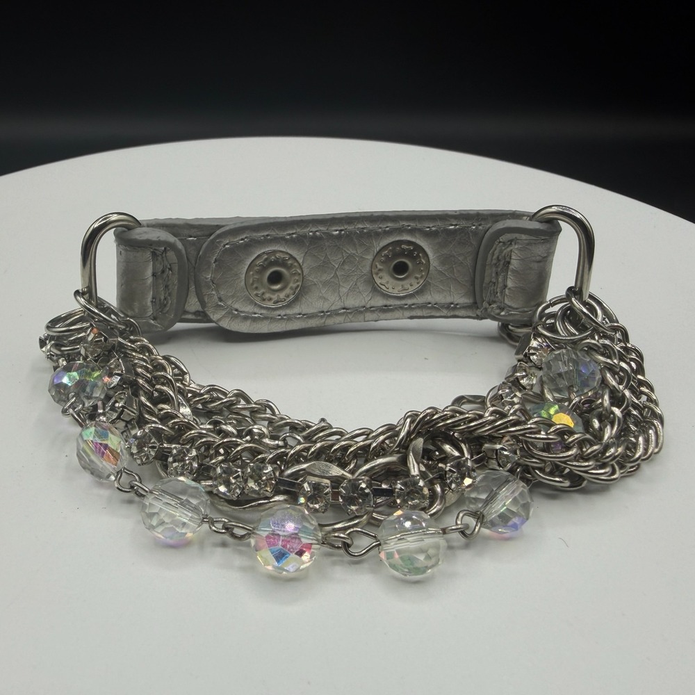Silver Tone Chain Crystal Beaded Leather Cuff Bracelet Boho Statement Gift Her